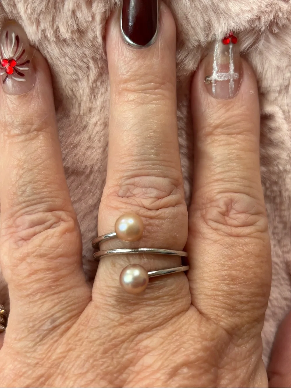 Sterling silver real  Pearl Open Band Ring - Women Jewelry
